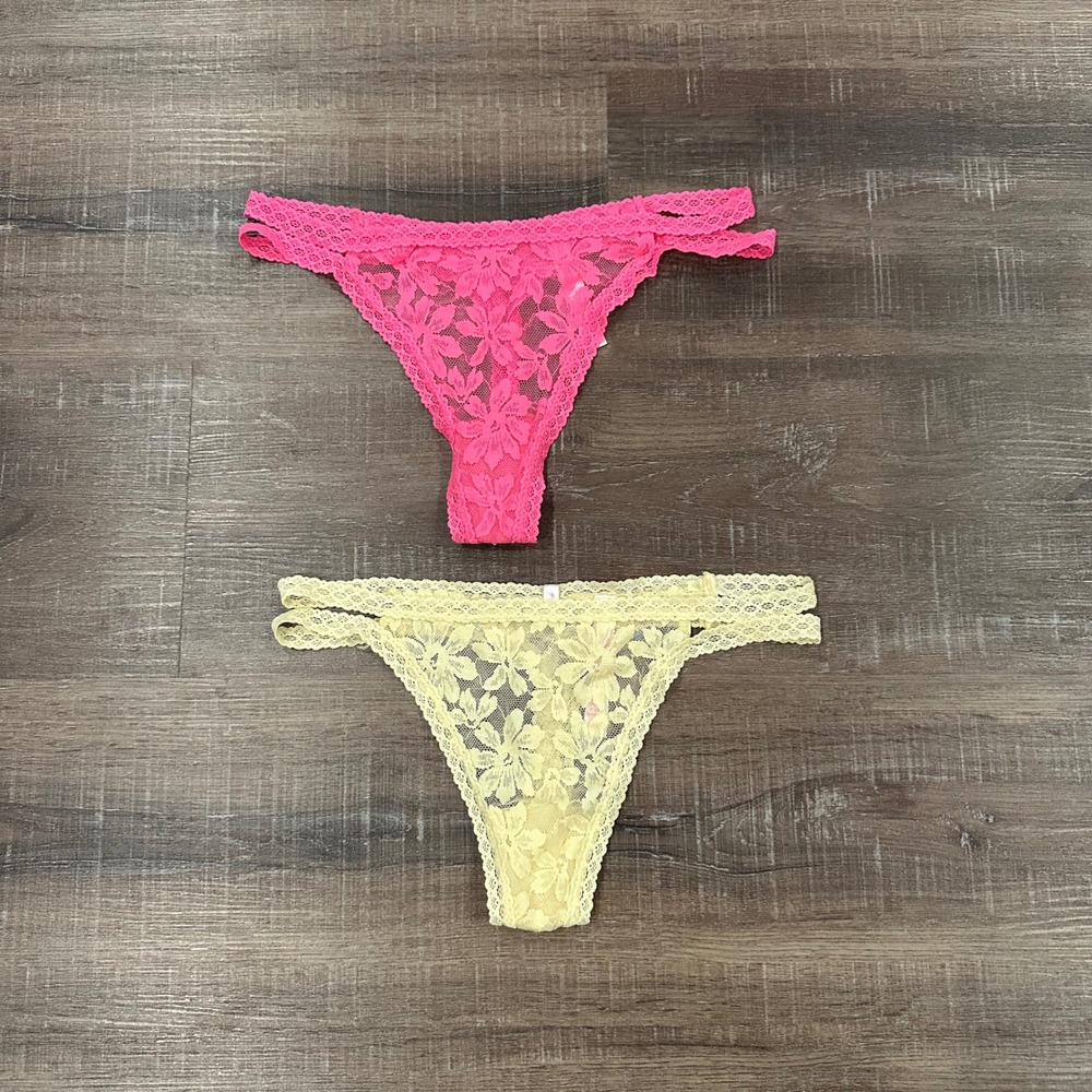 Victoria's Secret Pink Floral Lace Strappy Thong Panty Set Pink Yellow Small